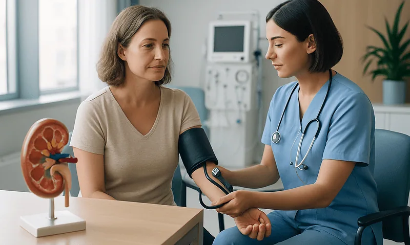 Doctor measuring patient's blood pressure in a medical consultation.