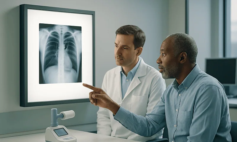 Doctor explaining chest X-ray to patient in a hospital setting.