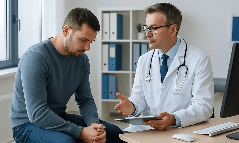 Doctor consulting with a male patient in a medical office.