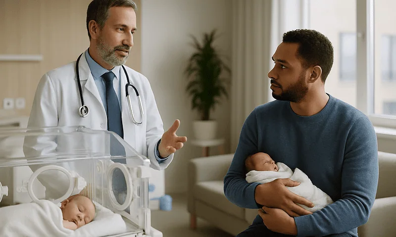 Doctor consulting new father with newborn in hospital room.