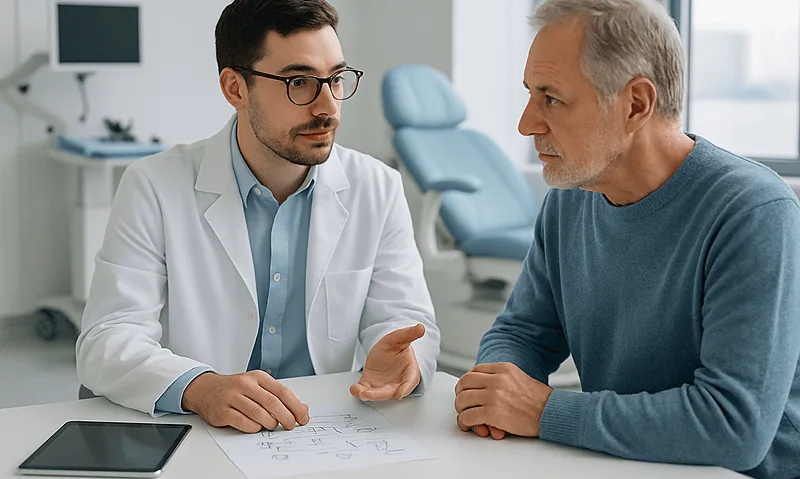 Doctor consulting with an older male patient in a medical office.