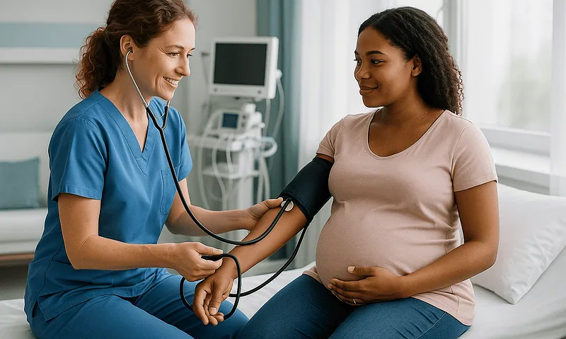 Pregnant woman having her blood pressure checked by a healthcare professional.