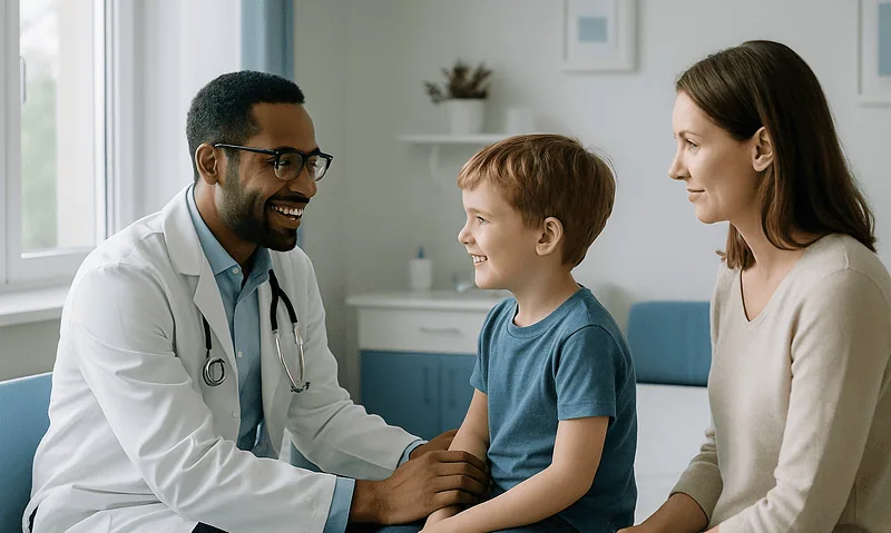 Pediatric consultation with a doctor, child, and mother in a clinic setting.