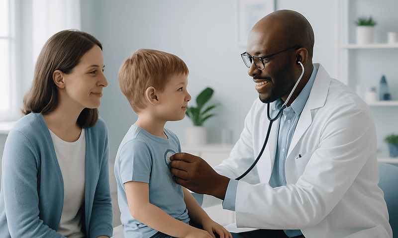 Pediatric consultation at Acibadem Hospital with doctor and young patient.