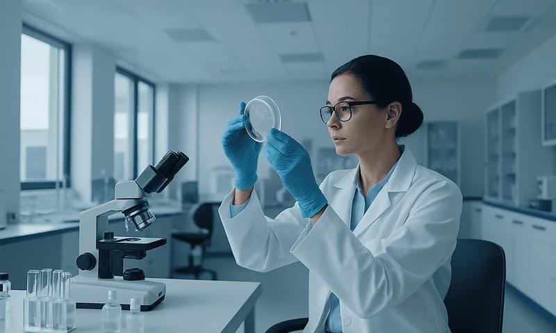 Female scientist examining a petri dish in a modern laboratory.