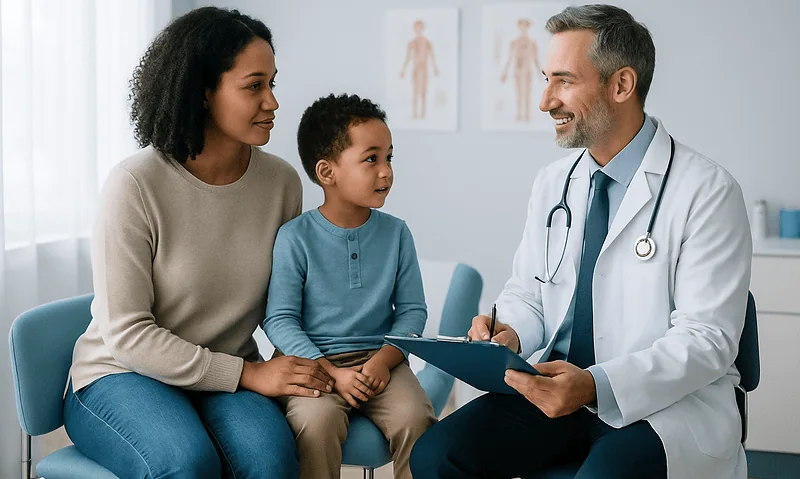 Doctor consulting with mother and child about developmental delay.