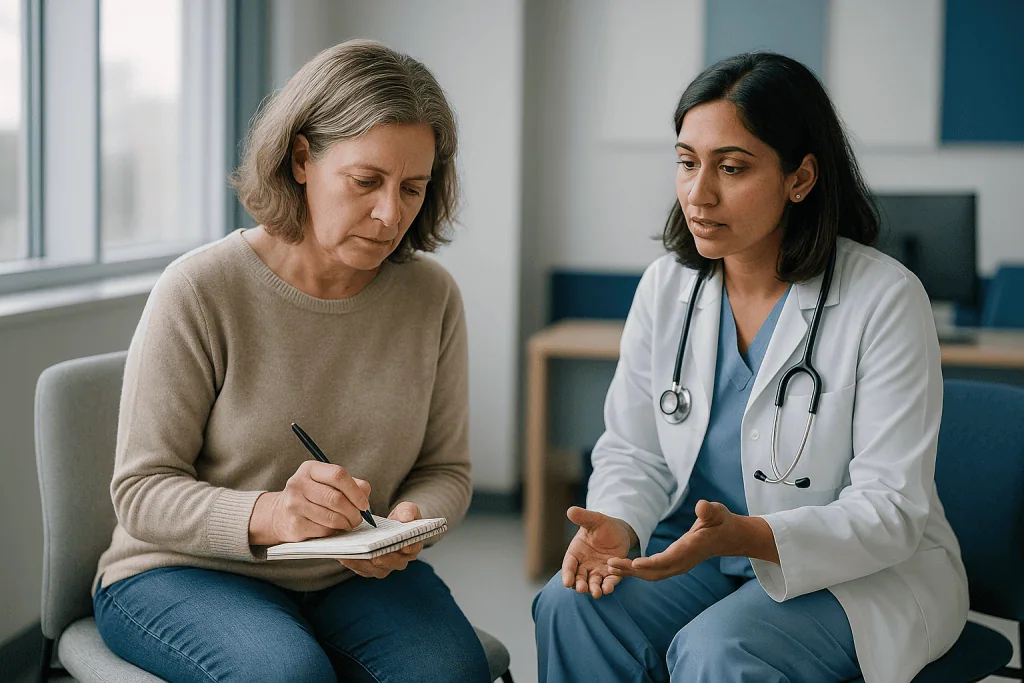 Doctor consulting with middle-aged patient during medical appointment: Preparing for a fibromyalgia appointment: the pain no