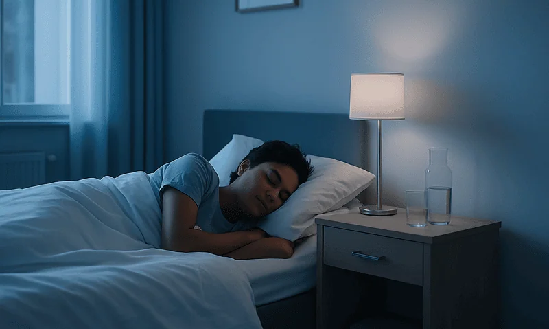 Young woman sleeping peacefully in a dimly lit bedroom.