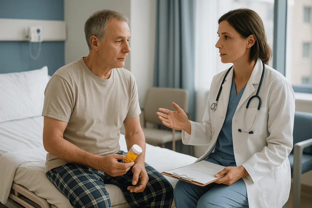 Doctor consulting patient in hospital room holding medication: Preparing for a kidney biopsy: the week before and the night 