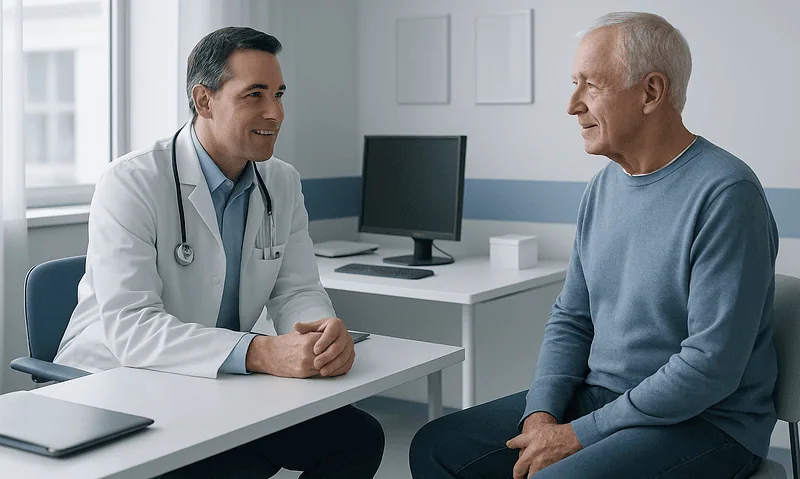 Doctor consulting an elderly patient in a modern clinic room.