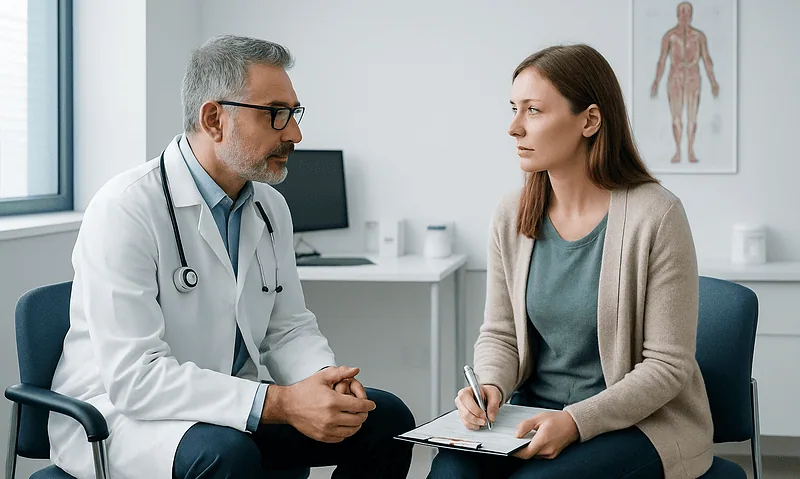 Doctor consulting with a patient in a medical office setting.