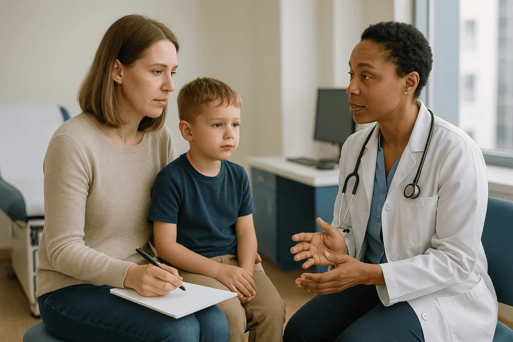 Female doctor consulting with mother and young boy child: Preparing for a pediatric neurology appointment for epilepsy: the 