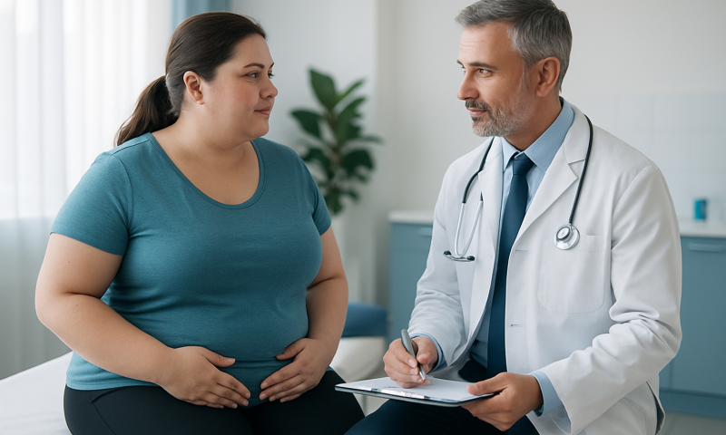 Doctor consulting with a woman patient in a medical office.