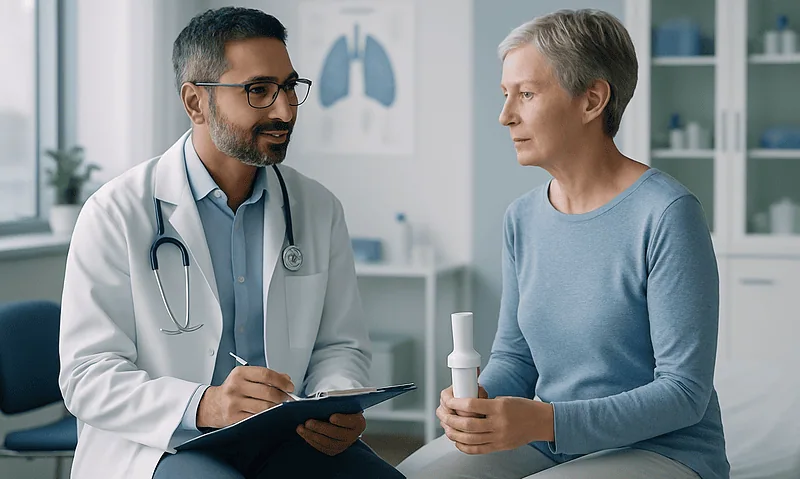 Doctor consulting with a patient about respiratory health in a clinic setting.