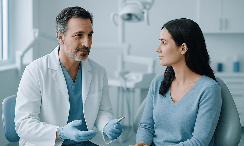 Dentist consulting with a female patient in a dental clinic.