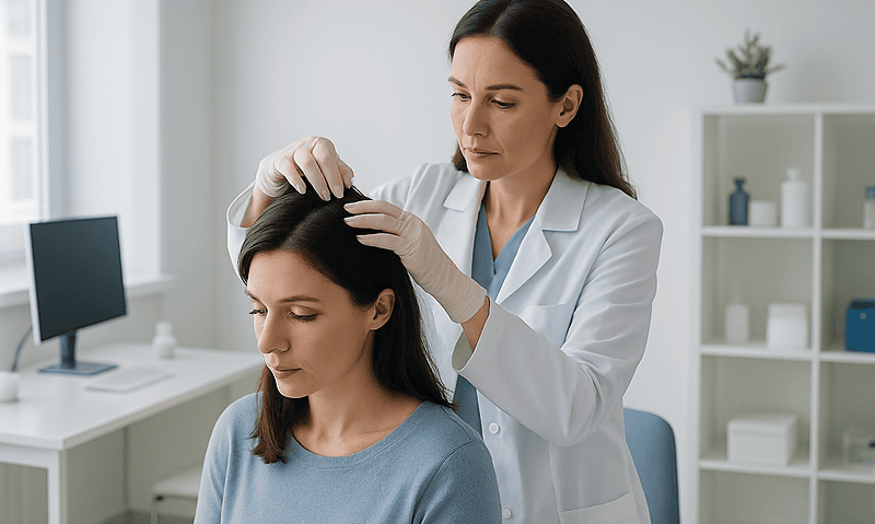 Doctor examining patient's scalp for hairline planning before transplant.