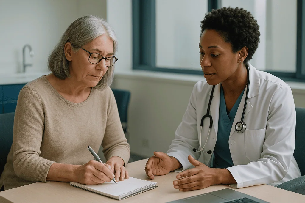 Doctor consulting with older female patient at desk: Preparing for a scleroderma rheumatology visit starts with a timeline,