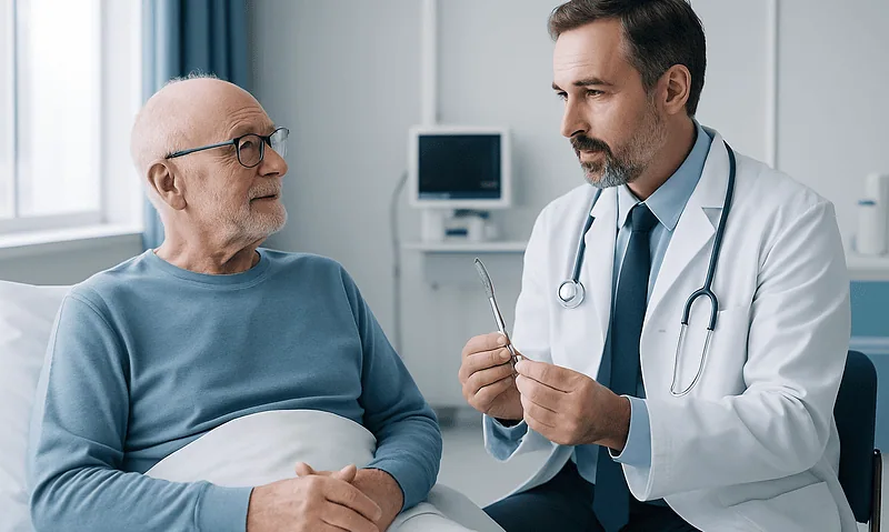 Doctor consulting with senior male patient in hospital room.