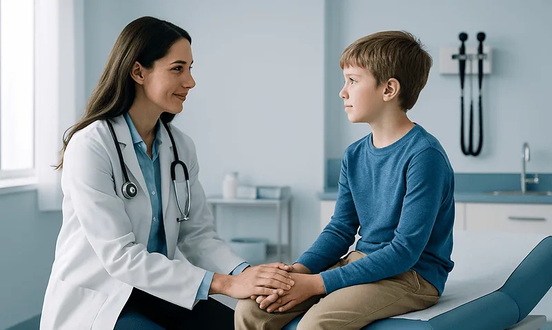Pediatric consultation at Acibadem Hospital with doctor and young patient.