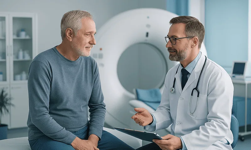 Doctor consulting with an older male patient in a hospital setting.