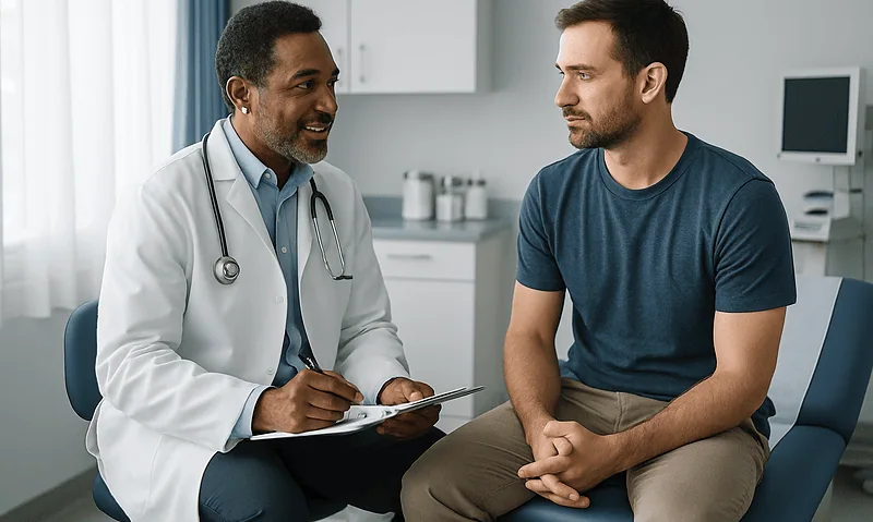 Doctor consulting with male patient in a medical office setting.