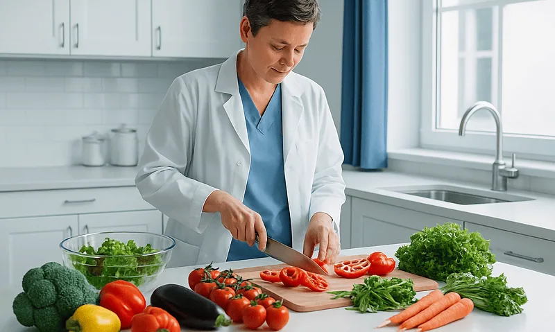 Female chef preparing fresh vegetables in a modern kitchen.