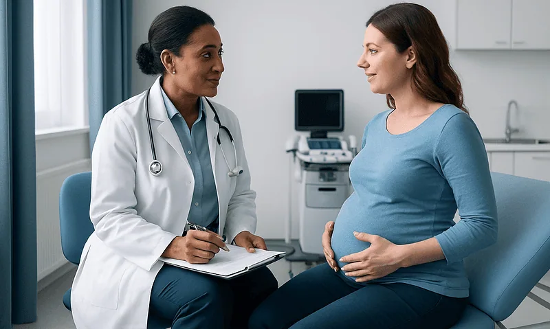 Pregnant woman consulting with a doctor in a hospital room.