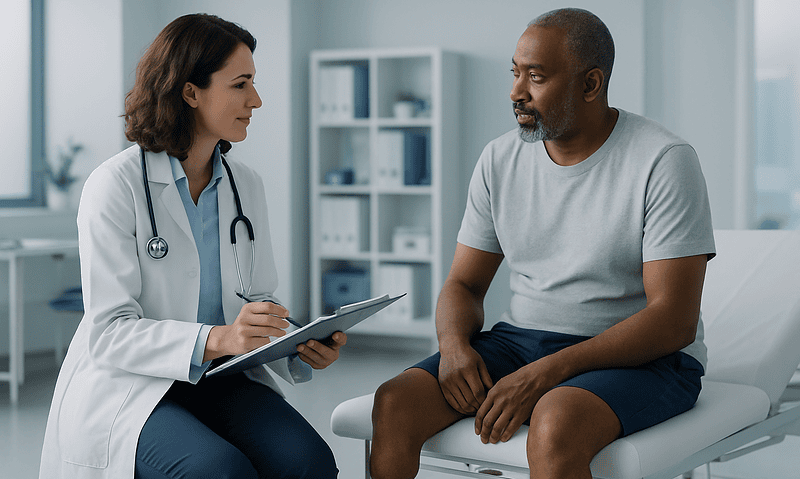 Doctor consulting with patient in a medical office setting.