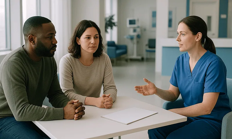 Doctor discussing anesthesia with patients in a hospital consultation room.