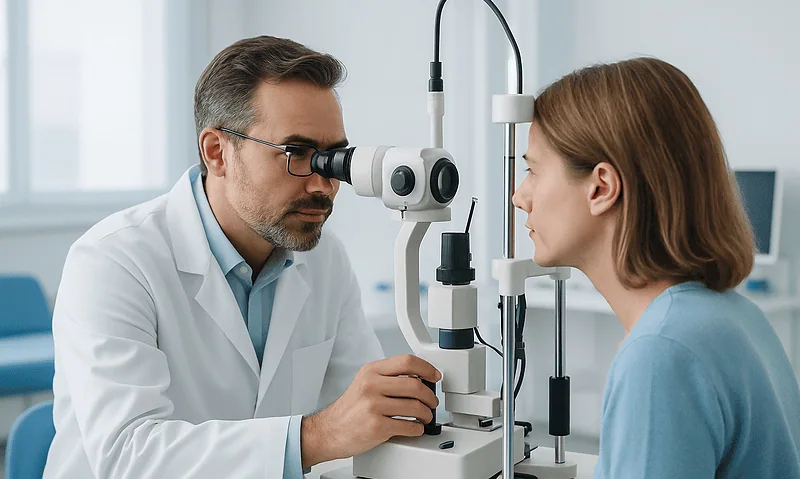 Optometrist examining a patient's eyes with a slit lamp in a clinical setting.
