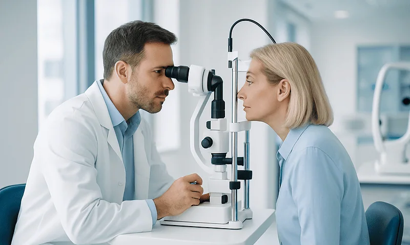 Ophthalmologist examining a woman's eyes with a slit lamp in a clinical setting.