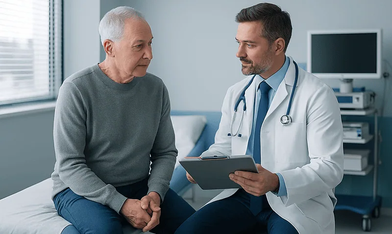 Doctor consulting with elderly patient in a medical office.