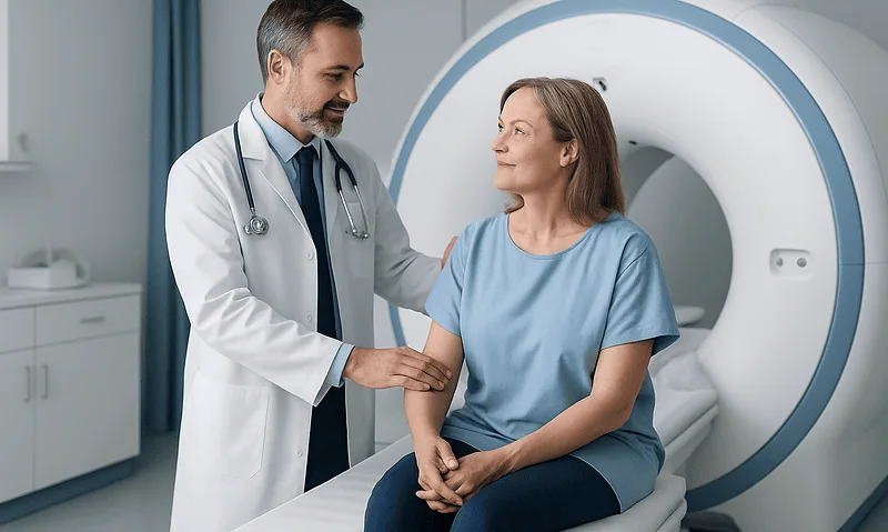 Doctor talking to a patient before an MRI scan in a hospital setting.