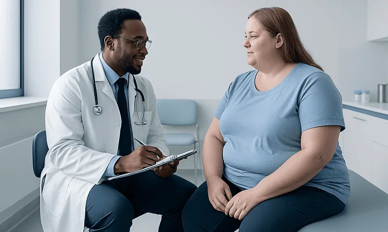 Doctor consulting with a patient about weight management in a clinical setting.