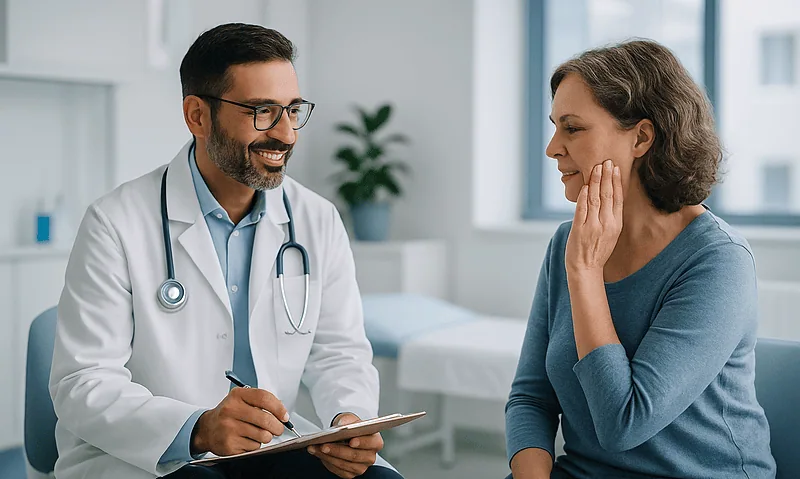 Doctor consulting with a patient about orofacial pain in a clinical setting.