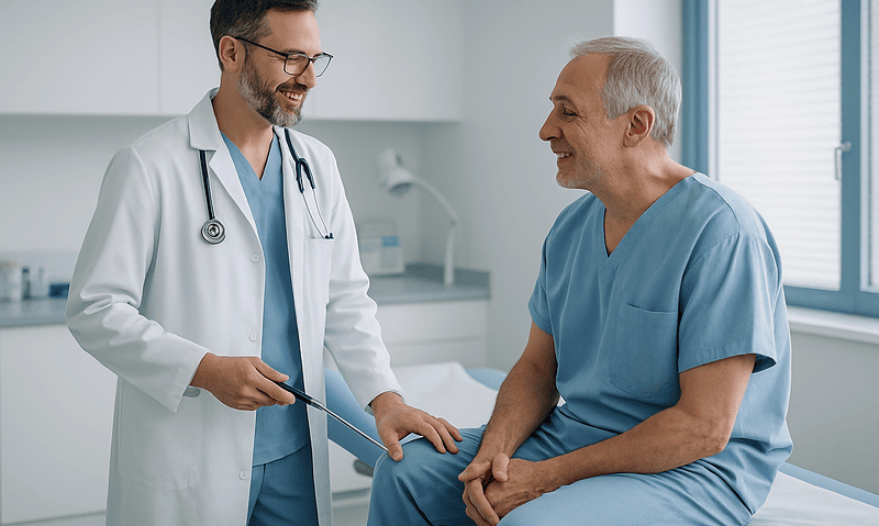 Doctor consulting with an elderly patient in a hospital room.