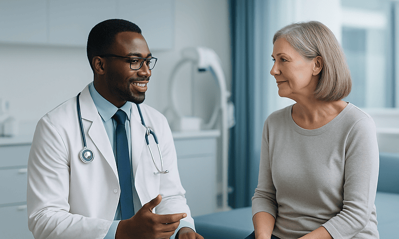 Doctor consulting with an elderly female patient in a hospital room.