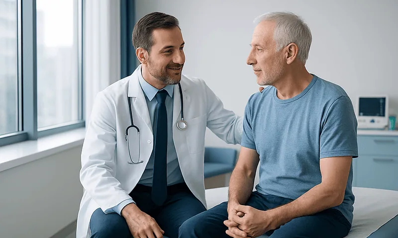 Doctor consulting with male patient in hospital room.