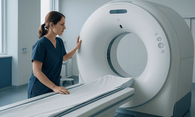 Medical technician preparing MRI scan in hospital room.
