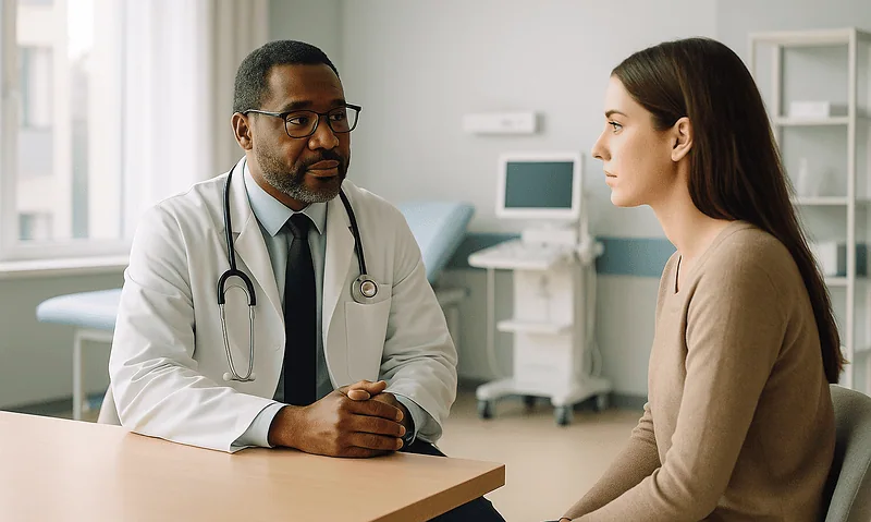 Doctor consulting with a female patient in a medical office setting.