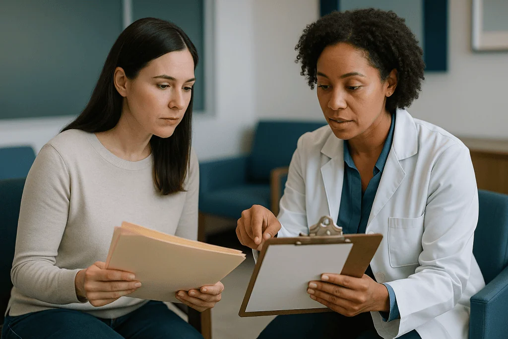 Doctor reviewing documents with adult patient in clinical setting: Preparing for developmental evaluation: which paperwork c
