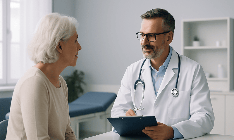 Doctor consulting with elderly patient in a medical office.