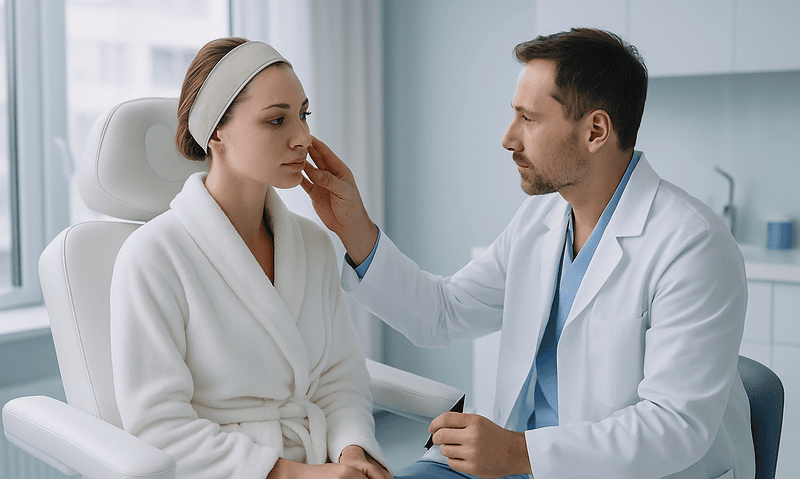 Doctor examining young woman before face aesthetics surgery in clinic.