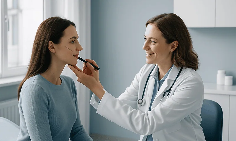 Doctor performs facial analysis on patient in a clinical setting.