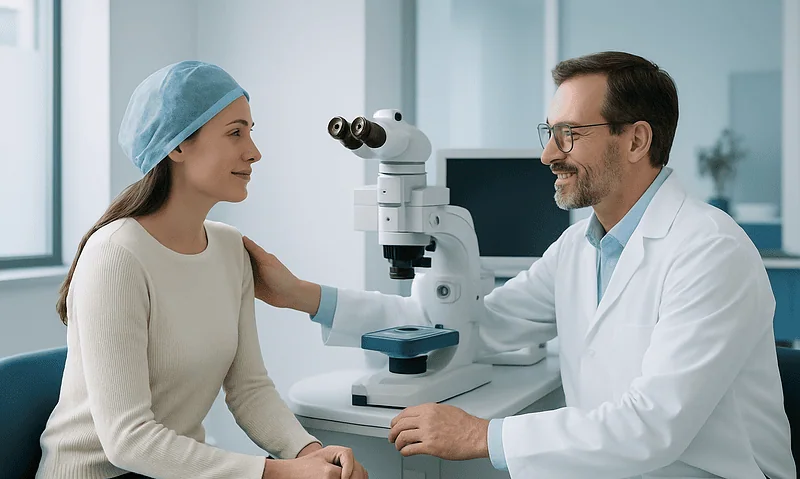 Ophthalmologist consulting with a patient in a modern clinic setting.