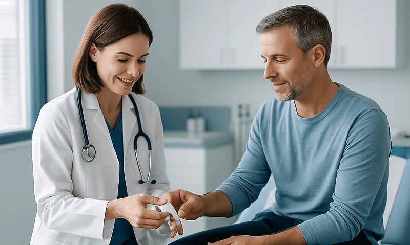 Doctor handing patient a prescription in a medical consultation room.