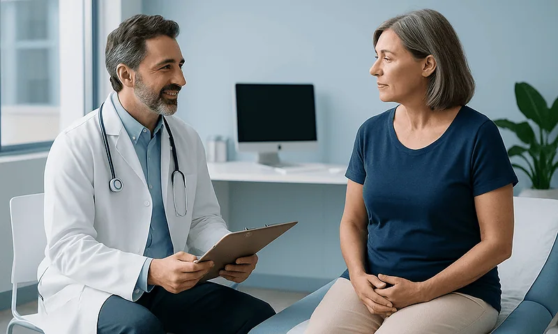 Doctor consulting with a middle-aged female patient in a medical office.
