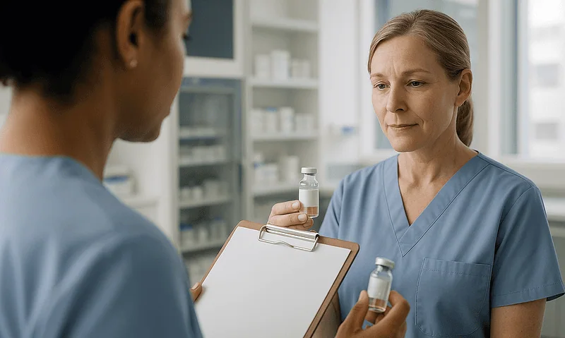 Nurse explaining anesthesia details to a patient in a hospital setting.