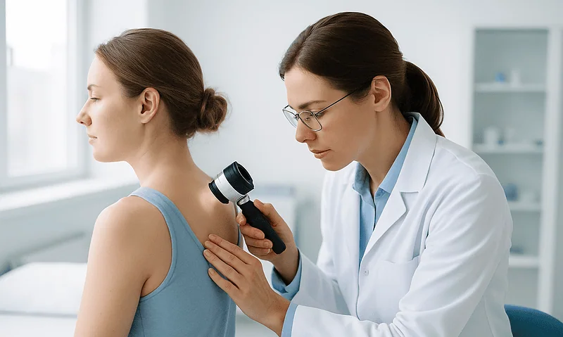 Doctor examining a young woman with a stethoscope in a clinical setting.