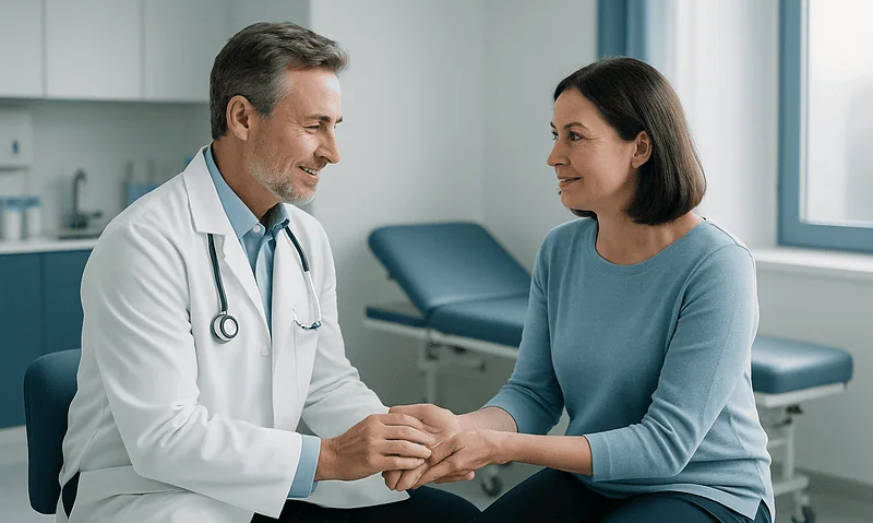 Doctor and patient holding hands in a consultation room.